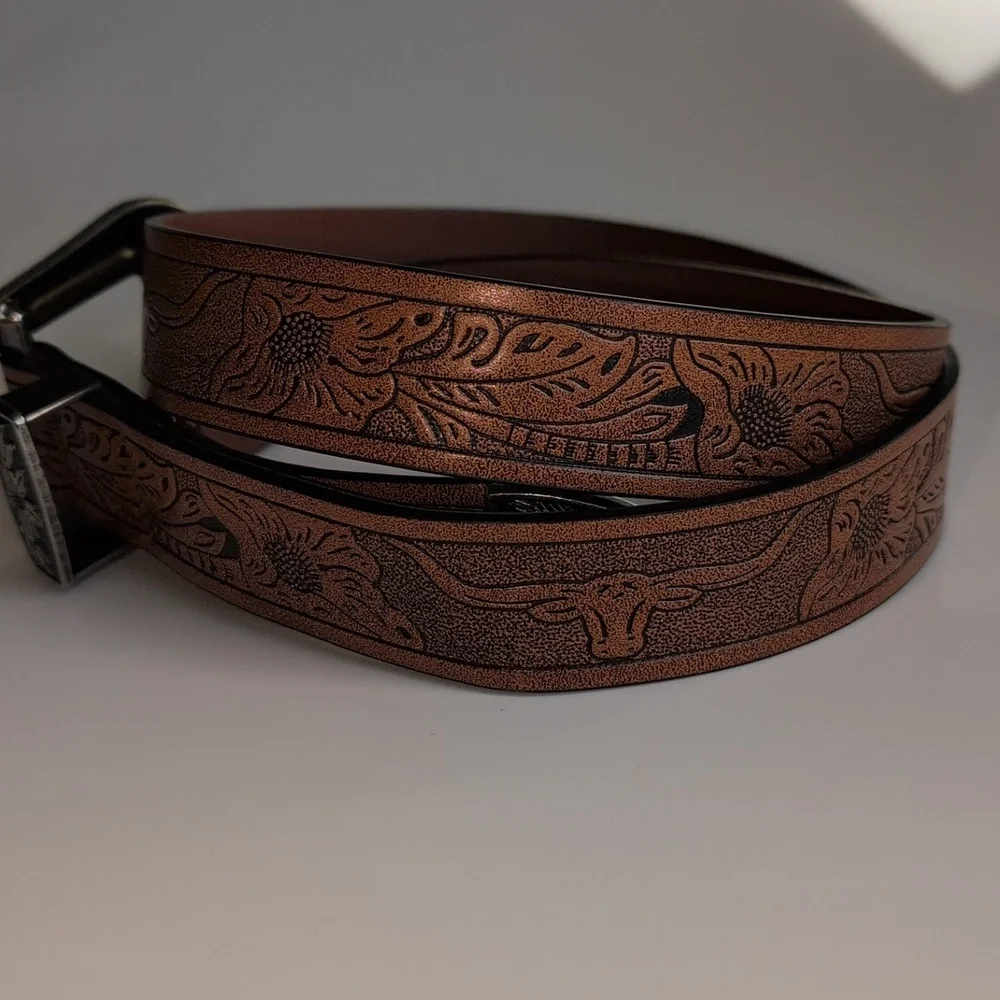 Brown Embossed Faux Leather Pleather Cowgirl Cowboy Western Tooled Belt
